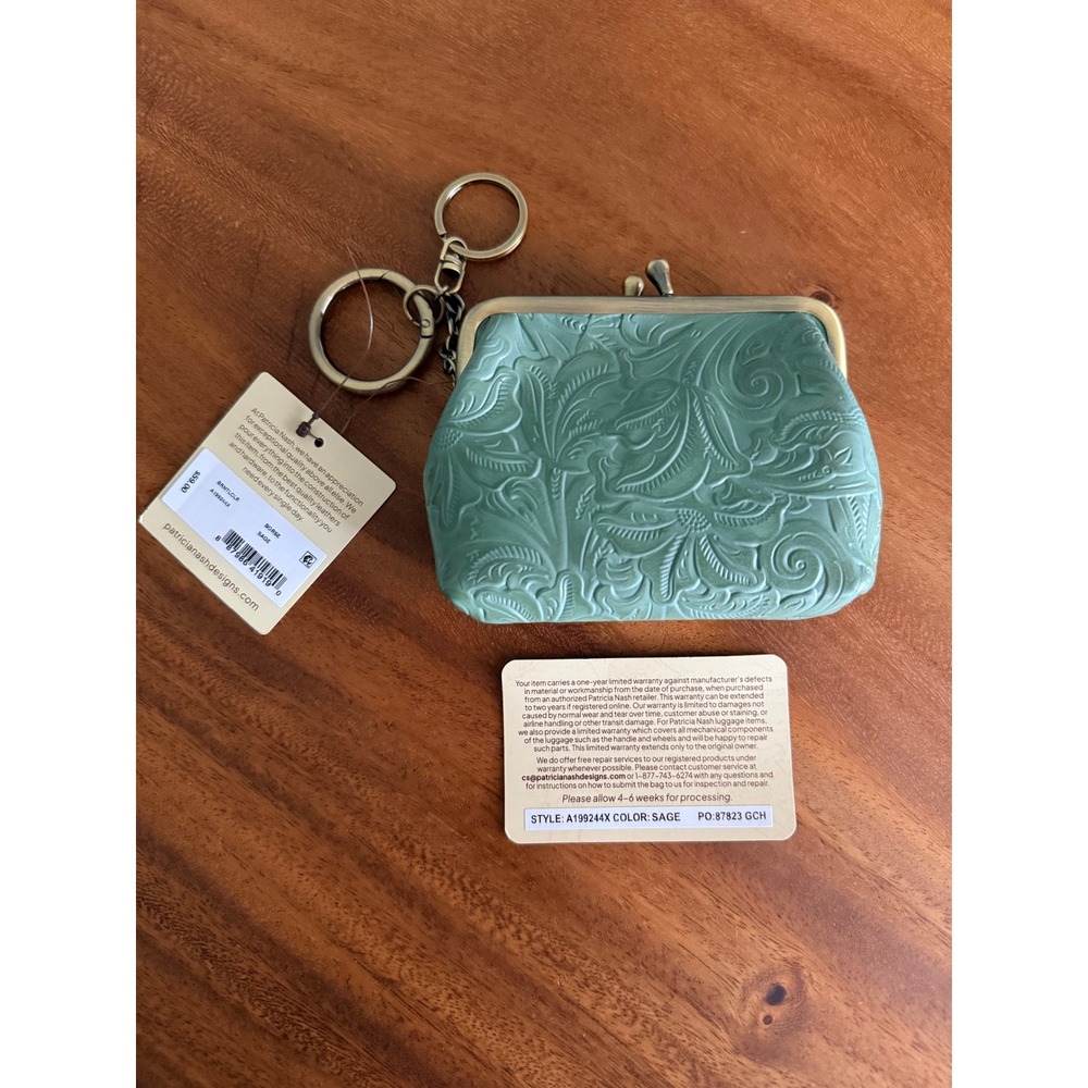 Patricia Nash Borse Coin Purse Sage Green Embossed Leather Kiss Lock A199244X